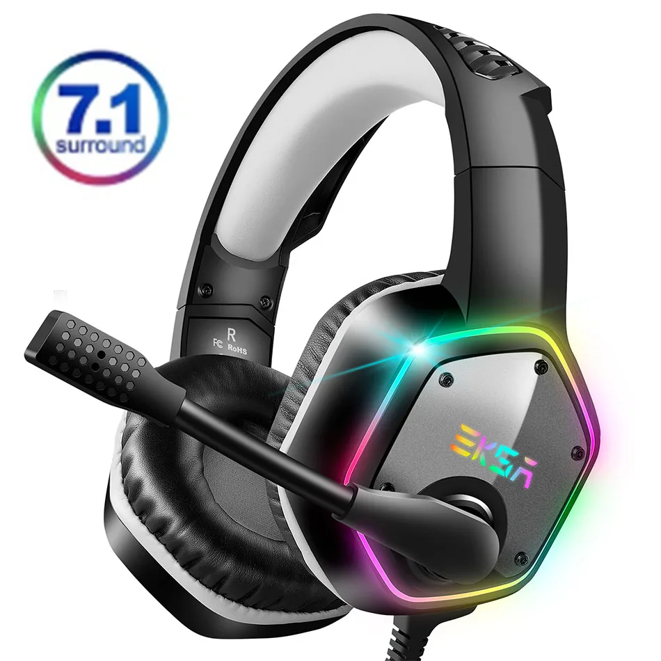 Gray-green over-ear gaming headset with RGB lighting, flip-up mic and inline controls
