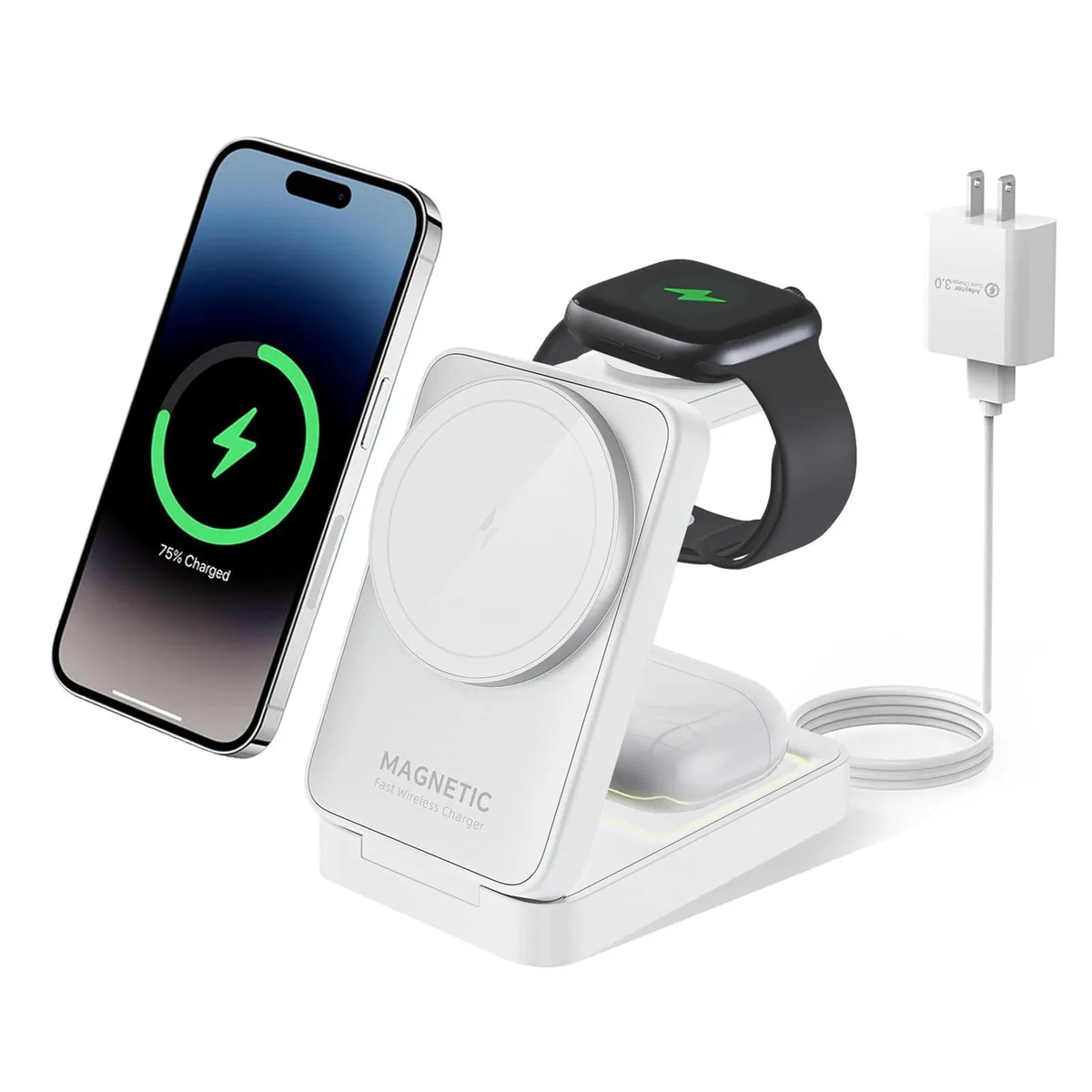 MALOM MALOM W91 3-in-1 Foldable Magnetic Wireless Charger White — product photo