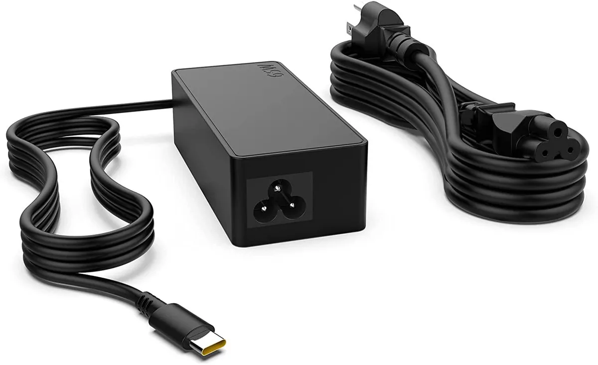Compact black USB-C AC adapter with folding prongs and integrated cable