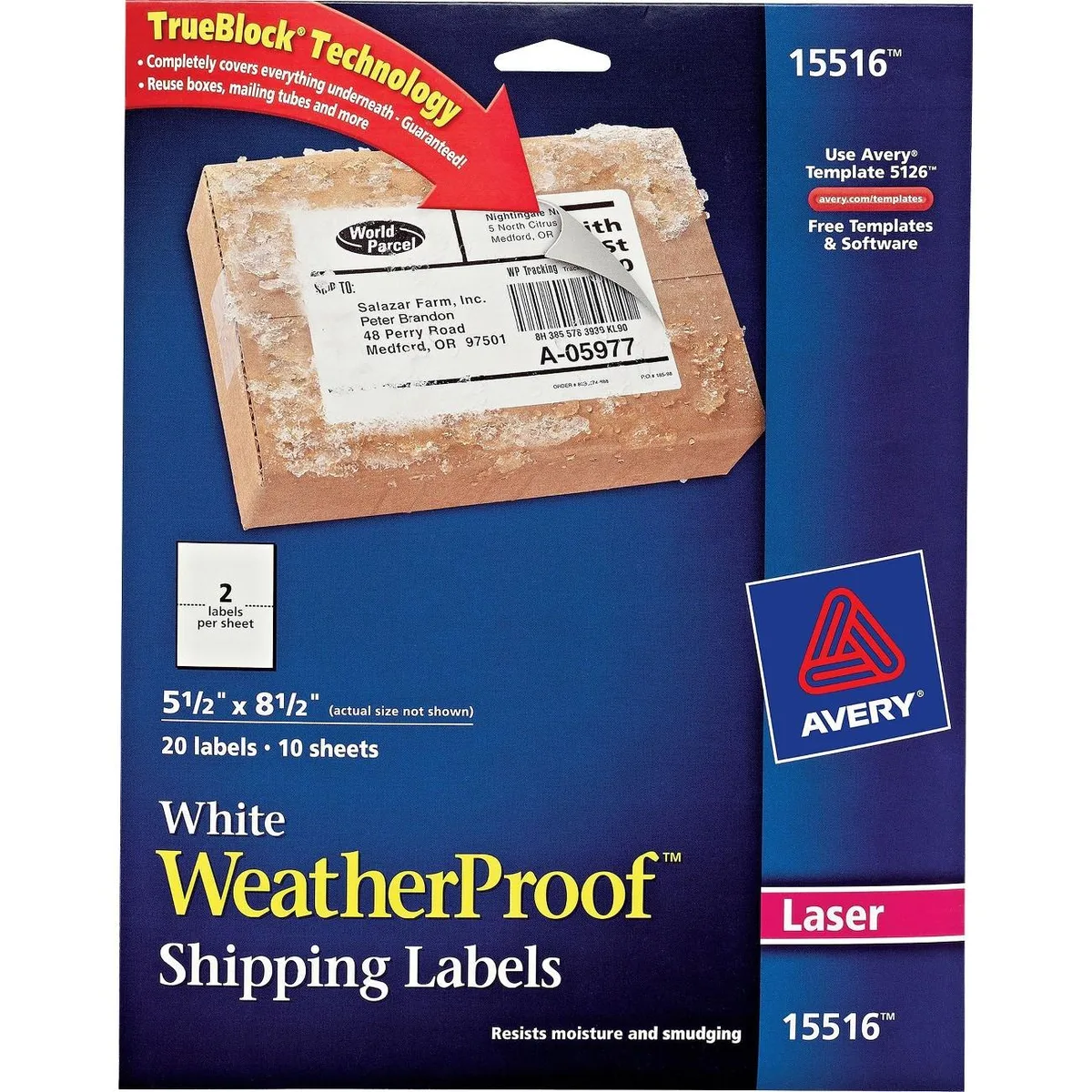 White rectangular weatherproof mailing labels on polyester sheets, pack of 20