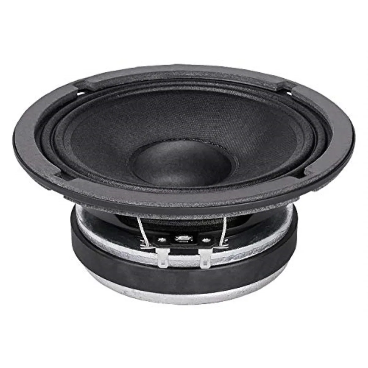 Black steel basket midrange driver with silver cone and M-roll surround, 160 mm diameter
