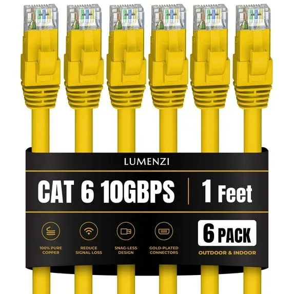 Lumenzi Lumenzi Cat 6 Ethernet Cable 1 FT Yellow 6 Pack 10 Gbps 550 MHz — product photo