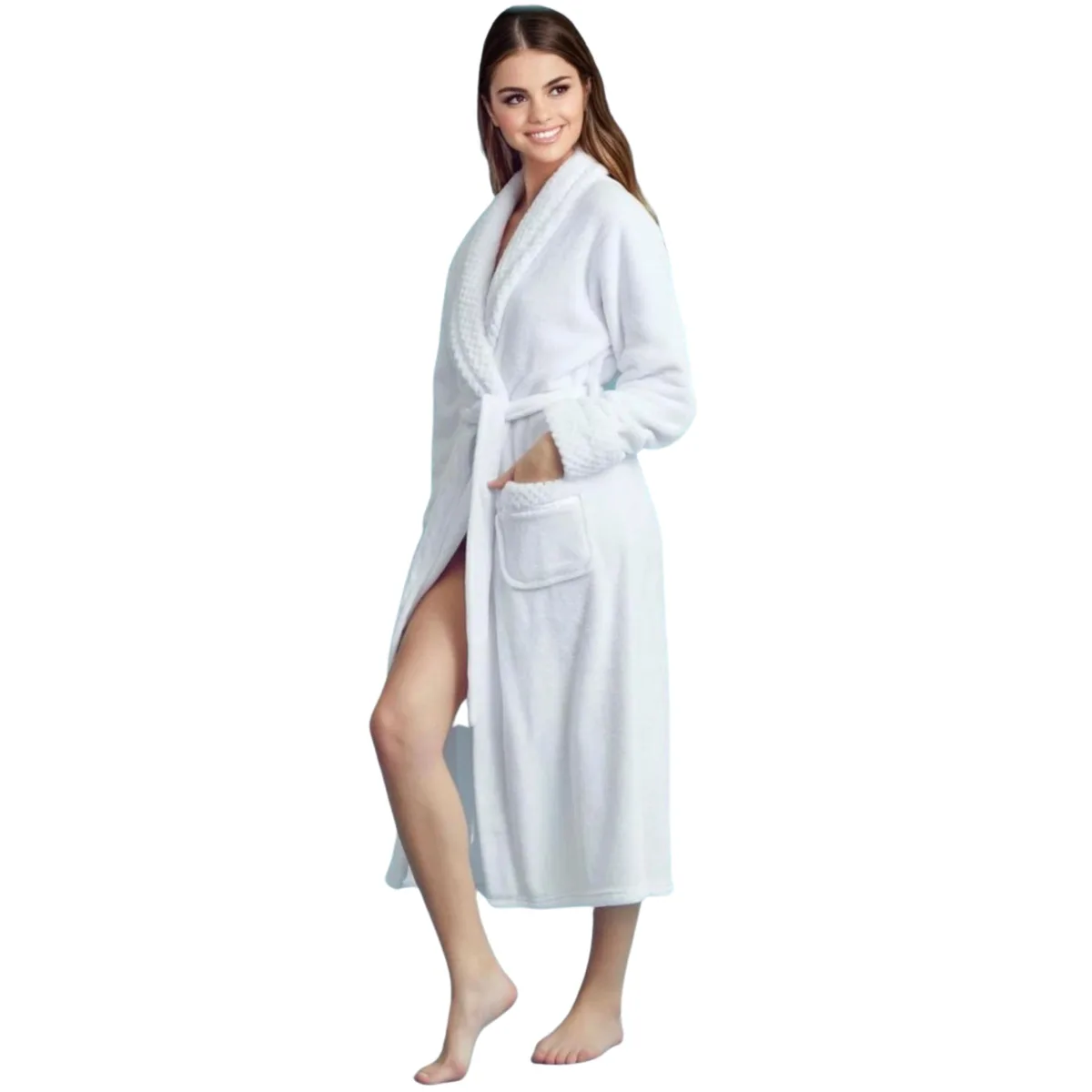 White plush fleece bathrobe with shawl collar and front pockets