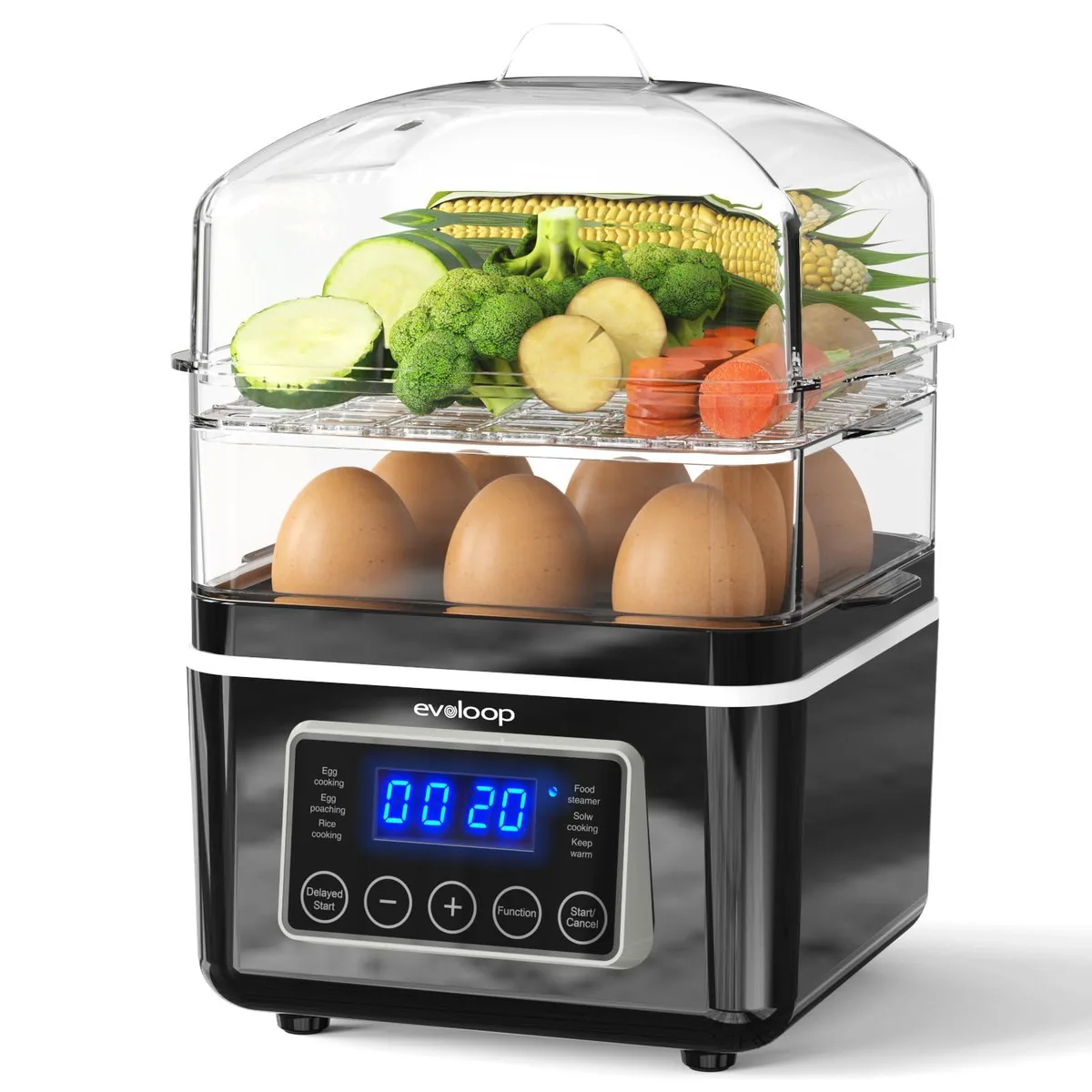 White two-tier electric steamer with digital control panel and stackable transparent baskets