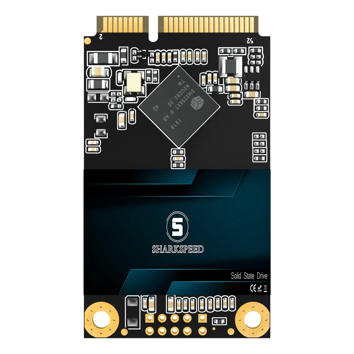 Small rectangular mSATA SSD circuit board with gold edge connector and black label