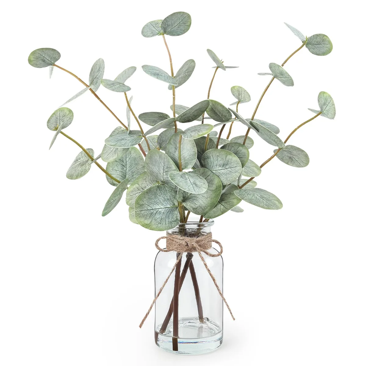 Artificial eucalyptus stems in a clear glass vase with faux water, 13.5 inches tall