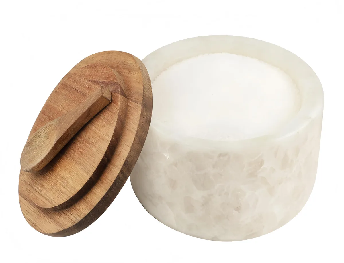 White marble jar with acacia wood lid and magnetic spoon, 3.54 inches square
