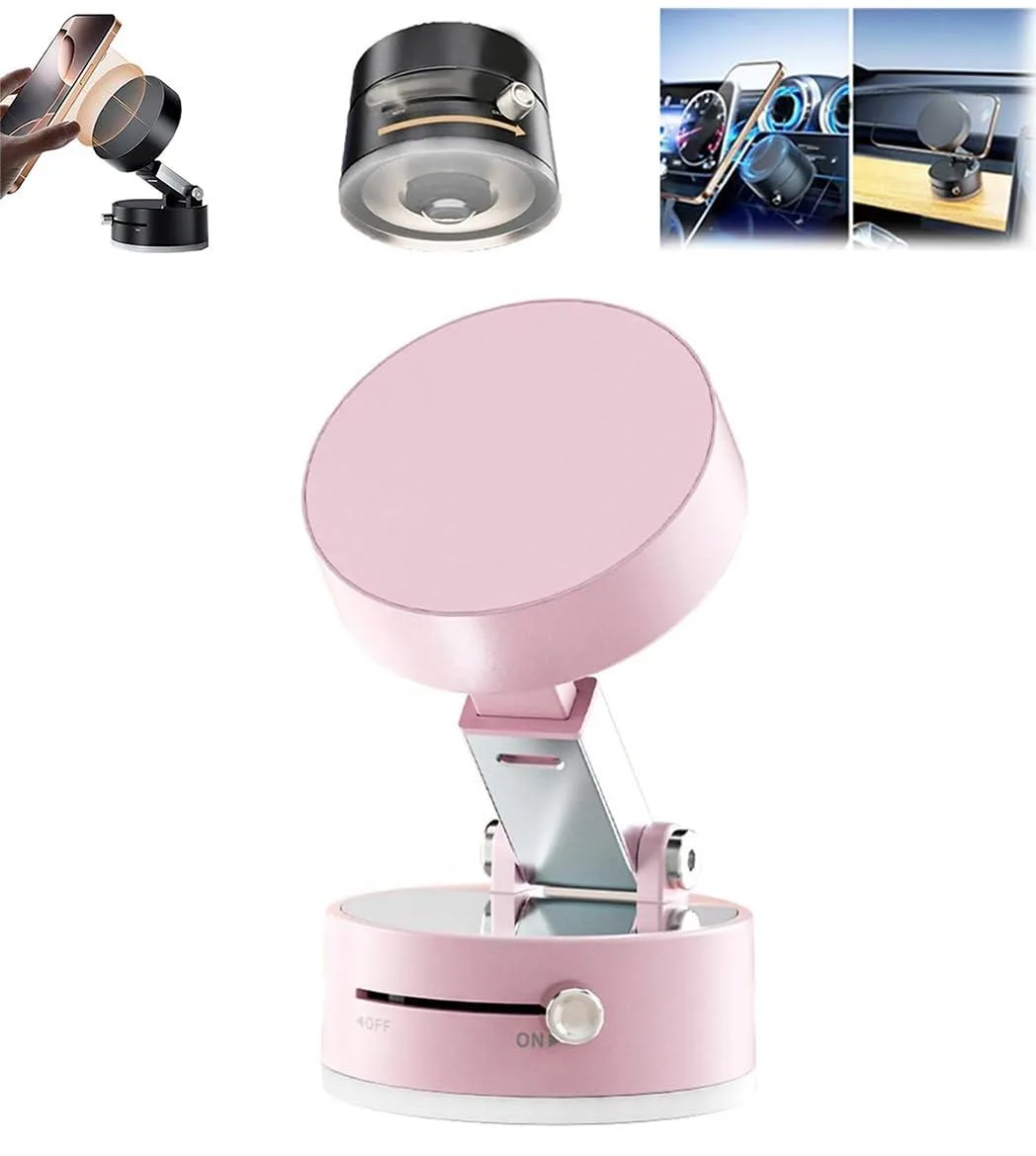 Pink foldable magnetic vacuum phone mount with 360° rotation, rectangular shape, smooth finish