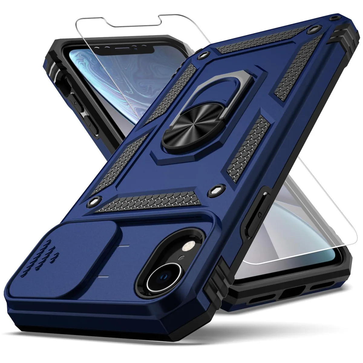 Blue slide-camera-cover case with 360° ring kickstand for iPhone XR