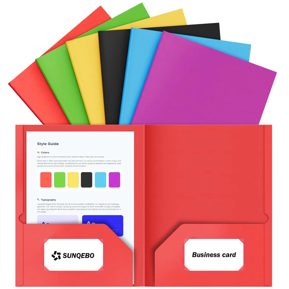 Six assorted-colour paper folders, two pockets each, letter size
