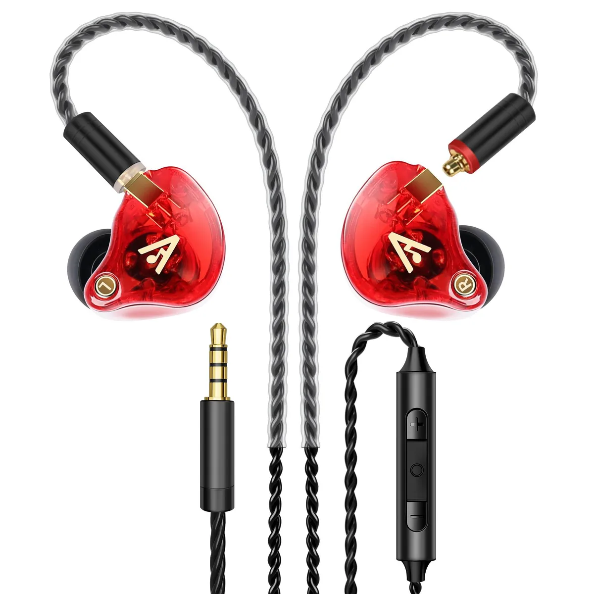 Red in-ear earbuds with semi-transparent resin shells and silver-plated braided cable