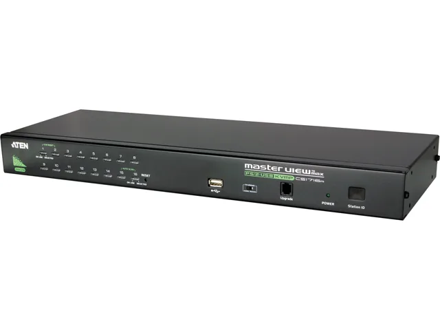 ATEN CS1716A 16-port KVM switch, 1U rack-mount metal chassis, front panel with 16 SPHD-15 ports and USB, rear ports visible