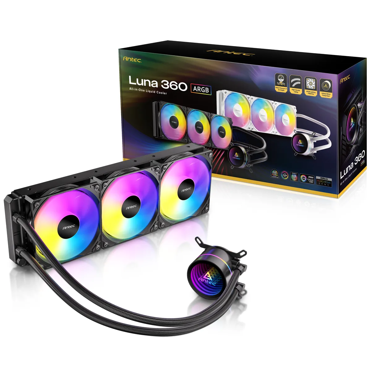 Antec Luna 360 ARGB liquid cooler with three 120mm ARGB fans and infinity mirror pump head