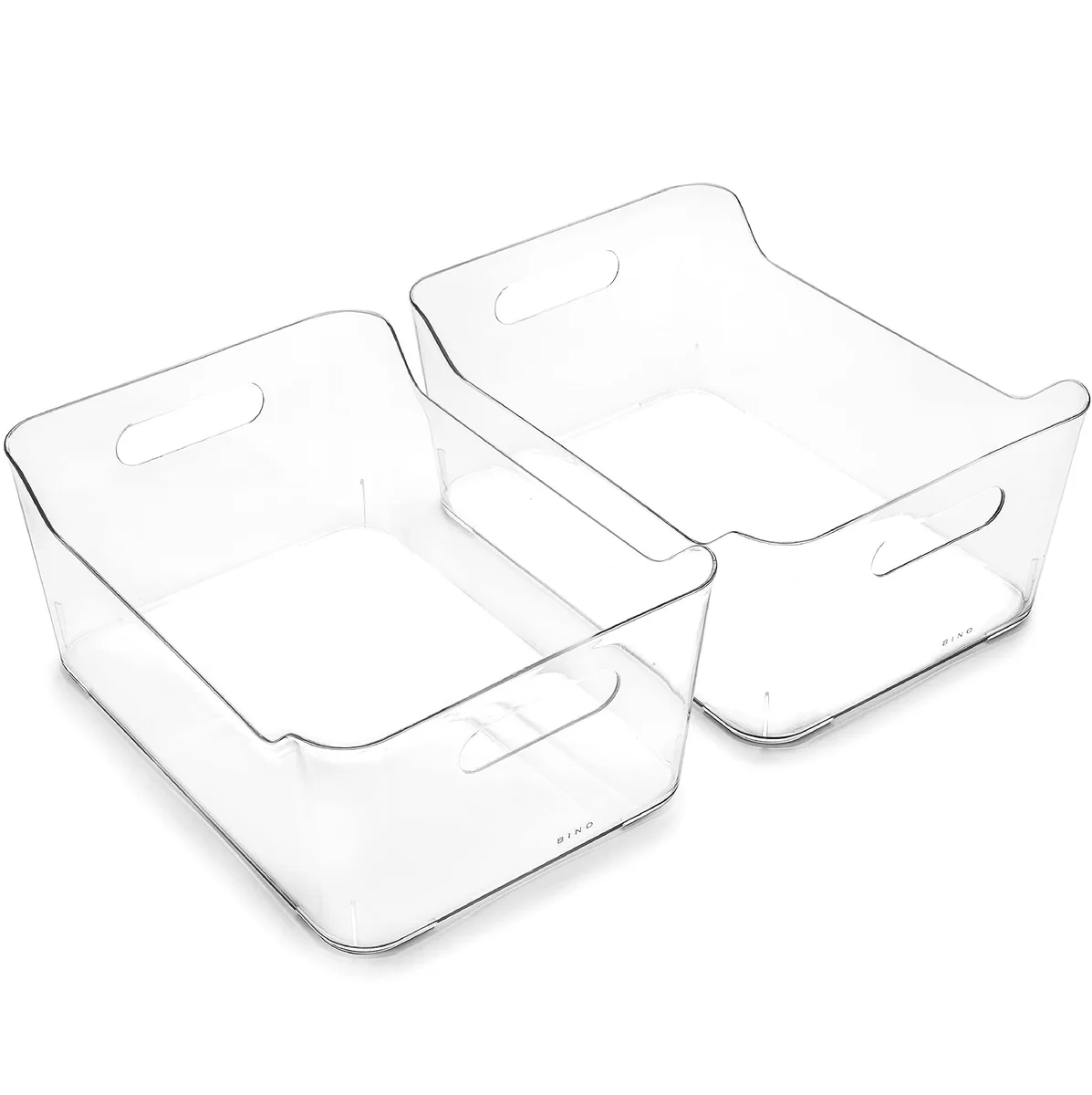 Two clear plastic storage bins with built-in side handles, open top, rectangular shape