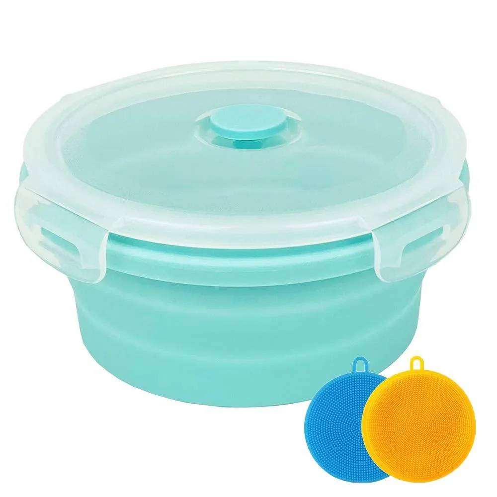 Blue collapsible silicone bowl with plastic lid, two sponges