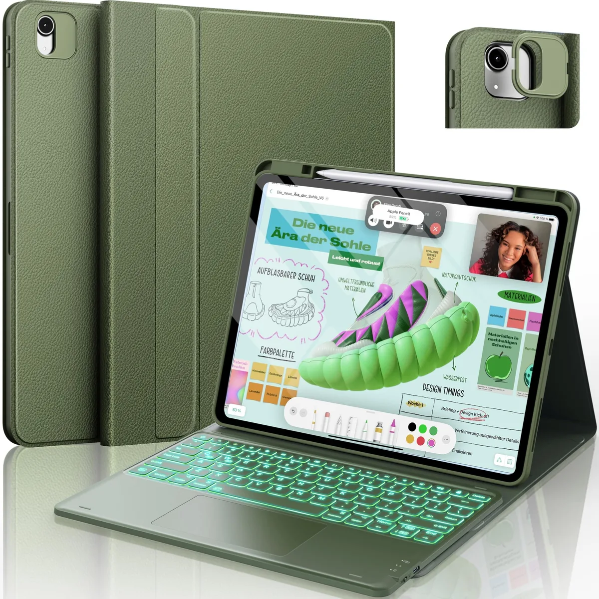 Olive green keyboard case with detachable backlit keyboard and trackpad, lychee-textured finish