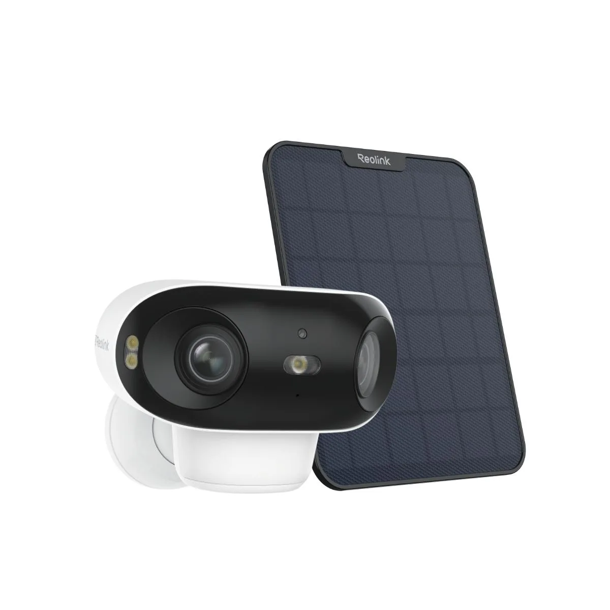 Black Reolink 4K battery camera with 6W solar panel, dual lenses, 180° view