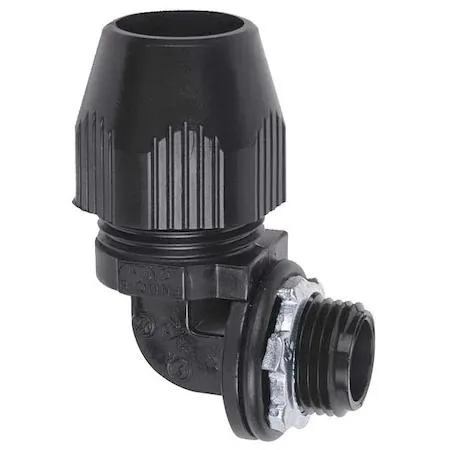 Black 90-degree liquid-tight conduit elbow with smooth thermoplastic body