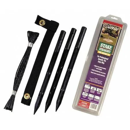 Three black polypropylene tree stakes, strap and rope coil