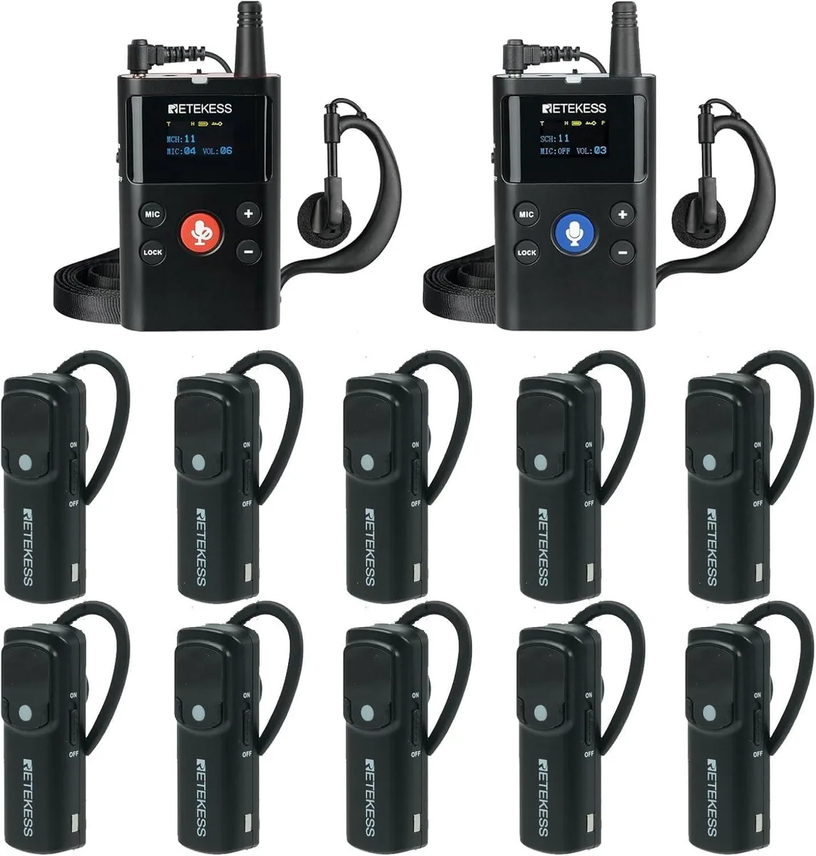 Earhook wireless headset with transmitter, matte black finish