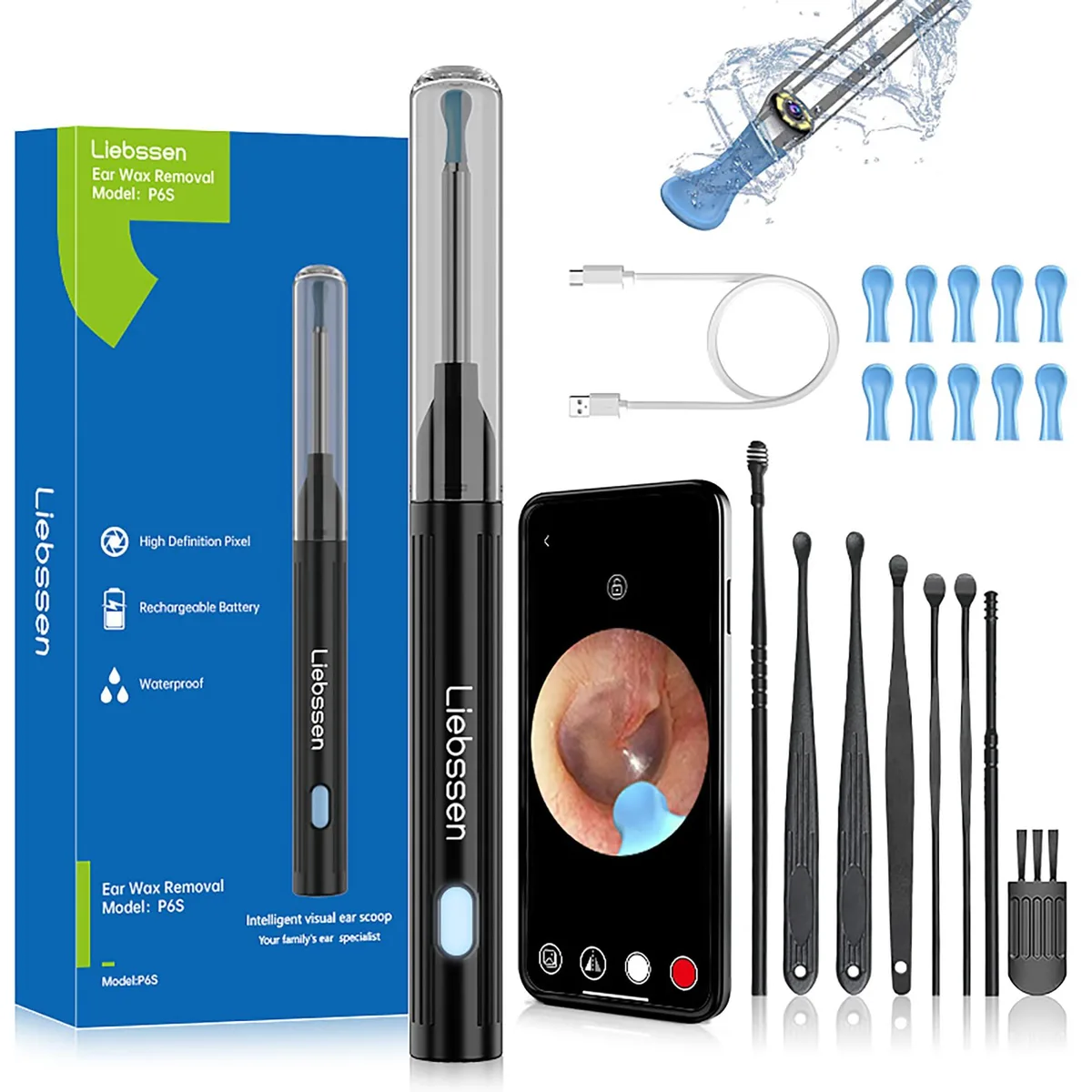 Liebssen P6S dark mini ear otoscope with 10 silicone tips