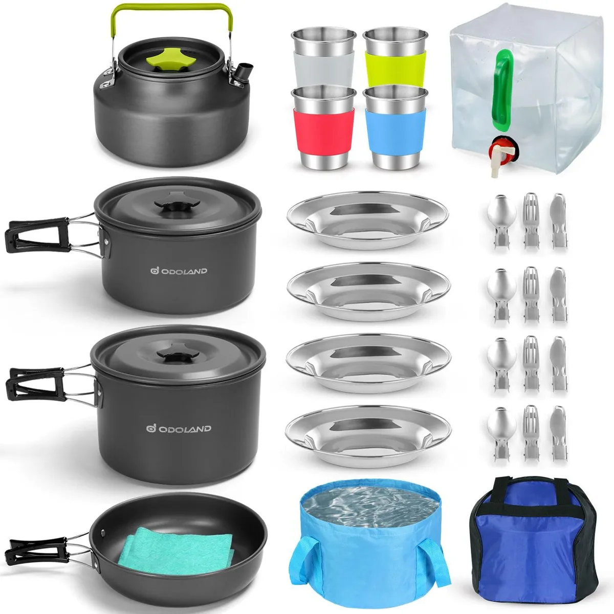 Black 29-piece camping cookware set with pots, pan, kettle, collapsible bucket and container, stainless cups