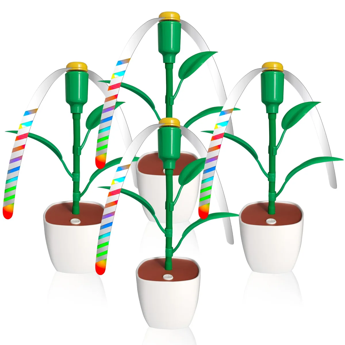 Four flower-shaped plastic fly fans with holographic blades, foldable, 360° rotation, bottom hooks, battery powered, set of 4.0