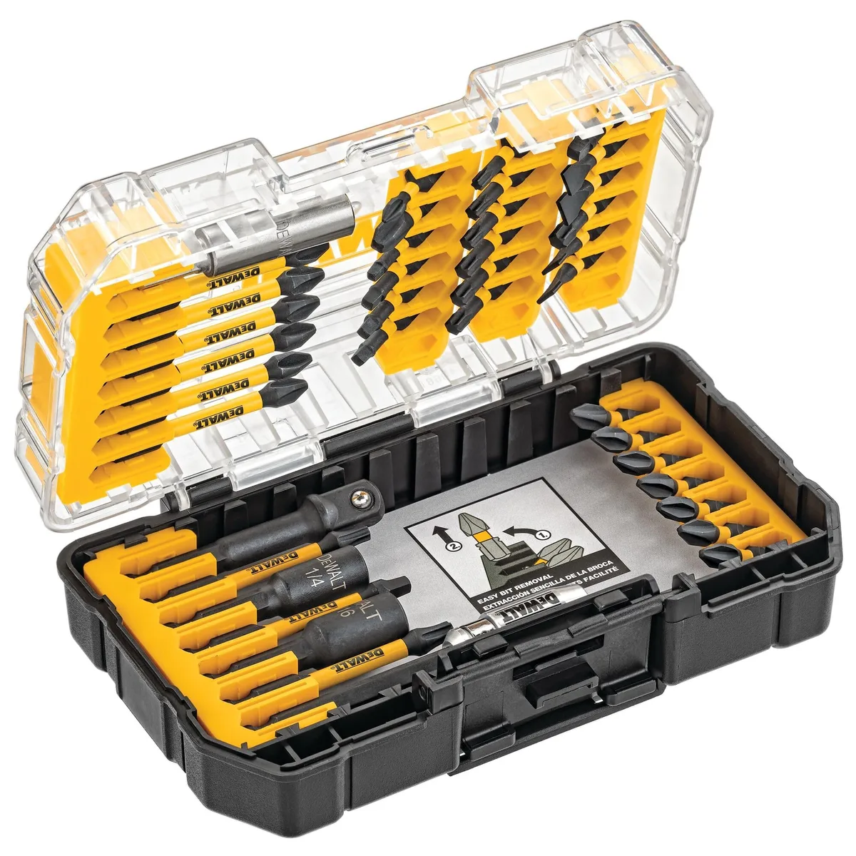 Black DeWalt FlexTorq 40-piece impact bit set in compact storage case