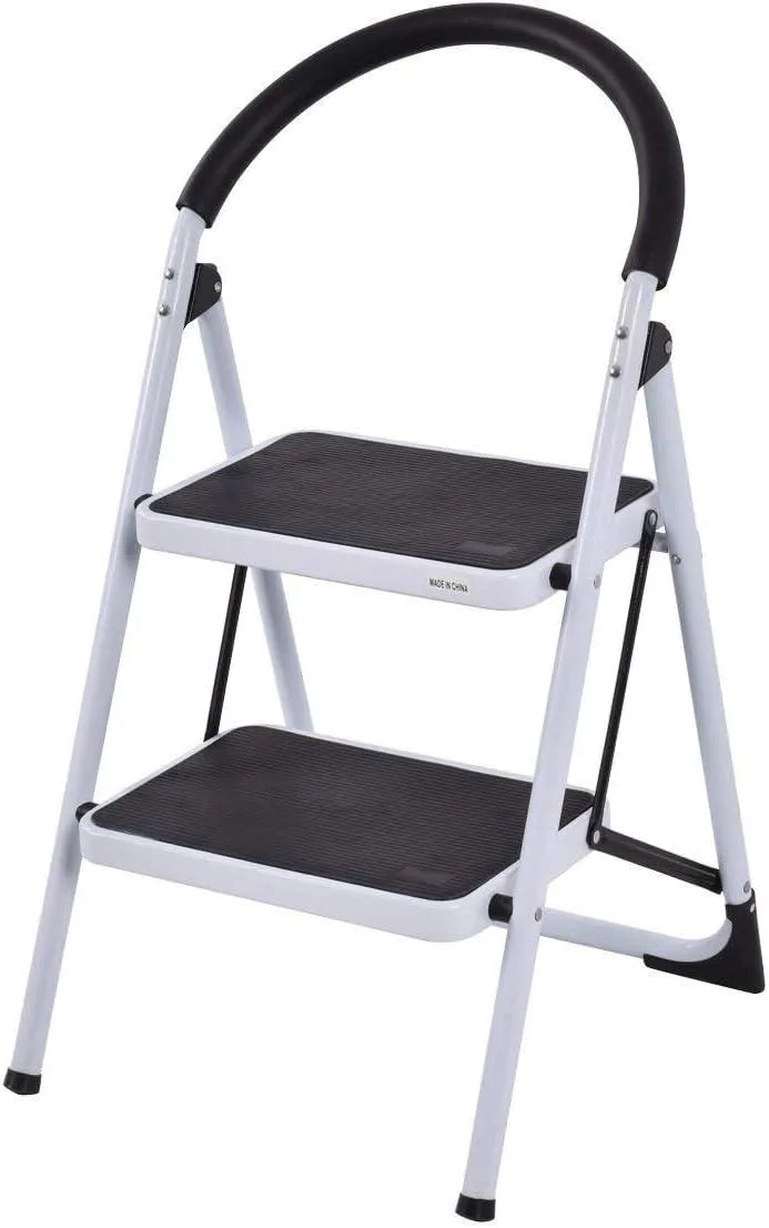Grey folding two-step ladder with wide anti-slip steps and top handle, shown open on rubber feet
