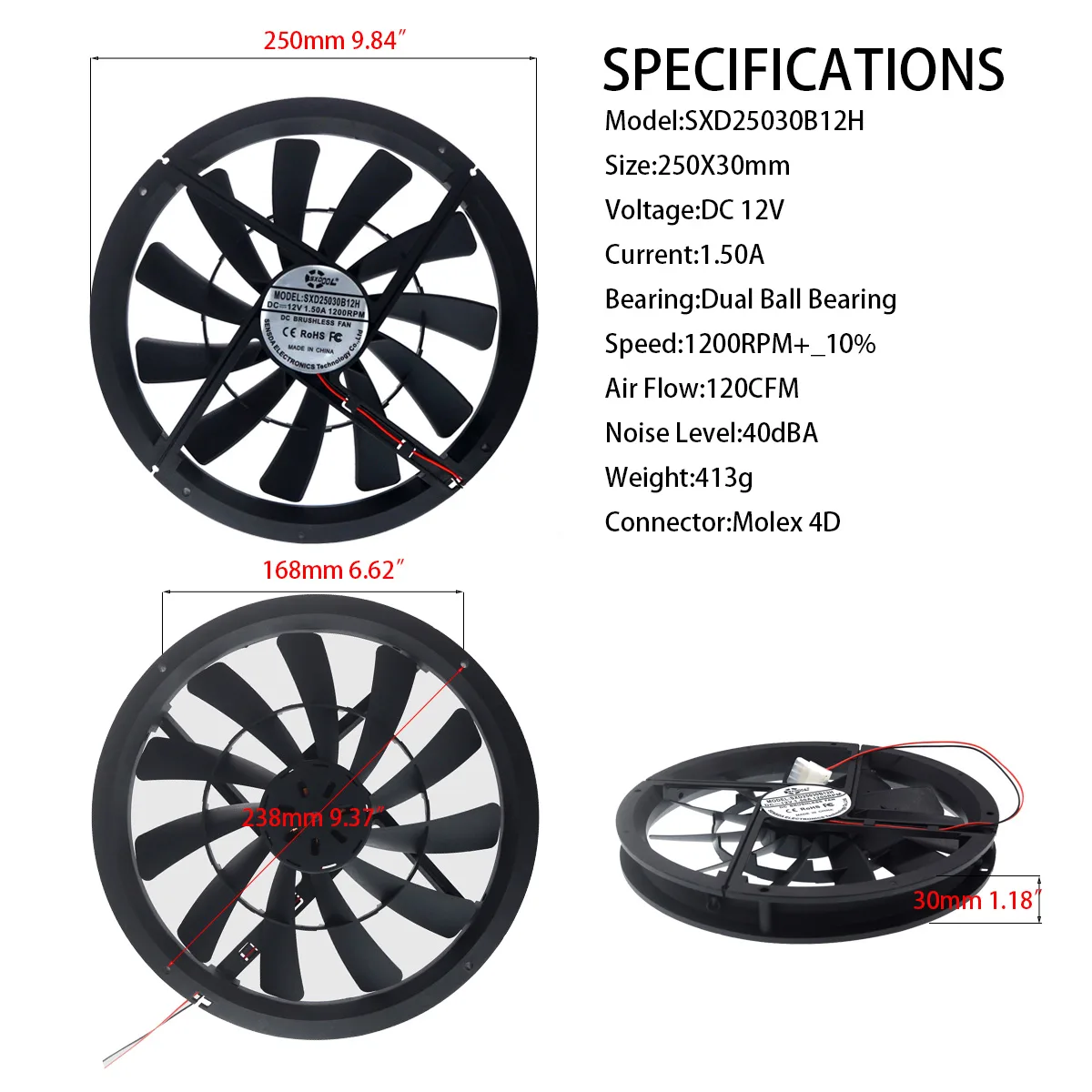 SXDOOL SXDOOL SXD2530B12H 250mm case fan 1200 RPM 40 dBA 12 V — product photo
