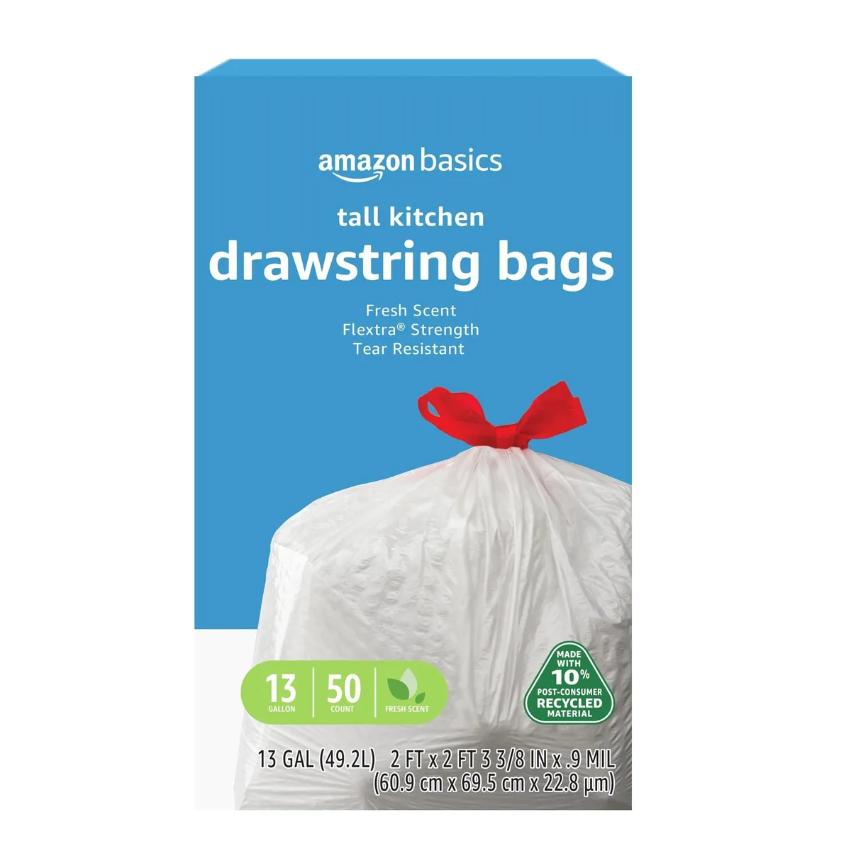 White drawstring kitchen trash bags in a 50-count pack, 13-gallon capacity, 10% recycled content