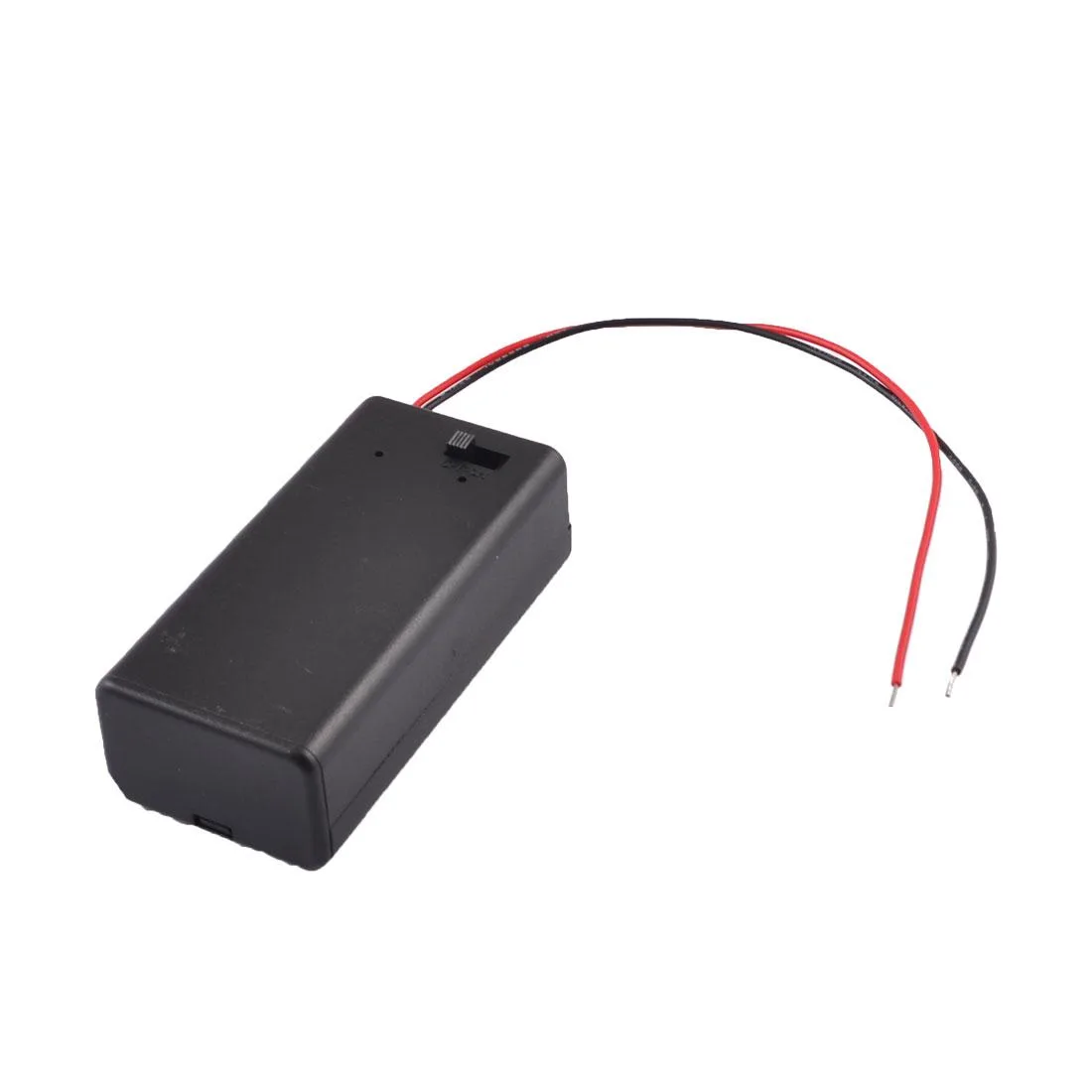 Black plastic battery holder case with cable, 6.8 x 3.3 x 2.1 cm