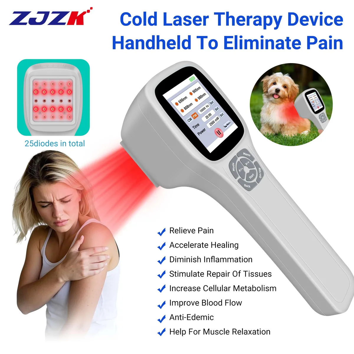 ZJZK ZJZK PMW2500-717 Cold Laser Therapy Device Grey 25 diodes 4 wavelengths 10000Hz 60min home health care — product photo