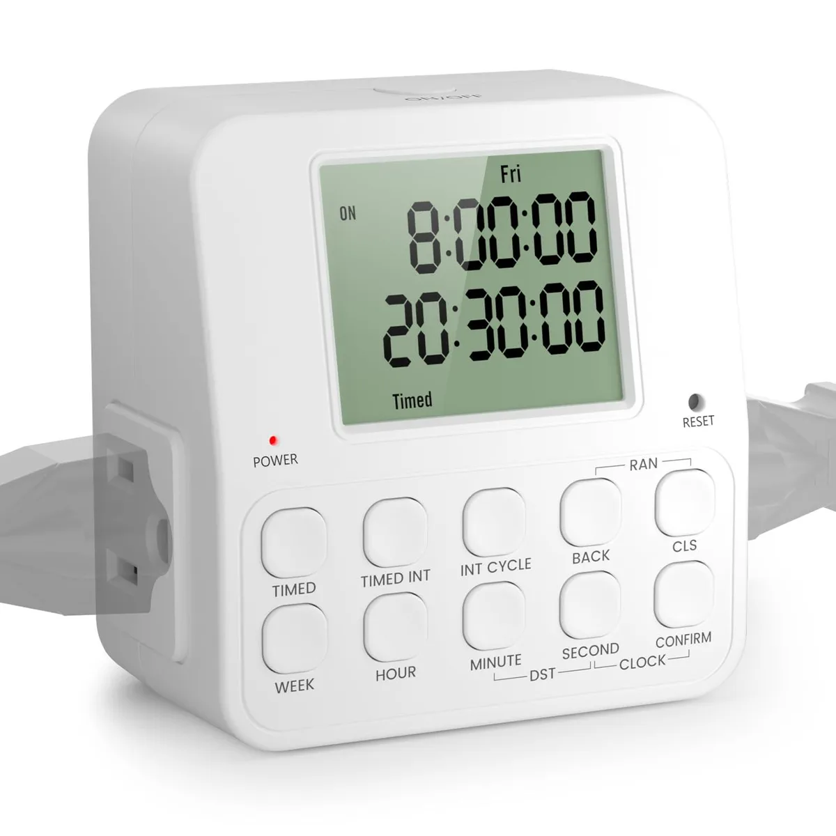 White rectangular dual-outlet timer with large LCD screen and multiple control buttons