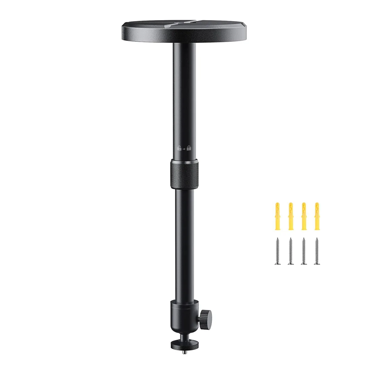 Black metal ceiling projector mount with telescopic pole 9 to 15 inches, 360 degree rotation and 90 degree tilt, ball head on base