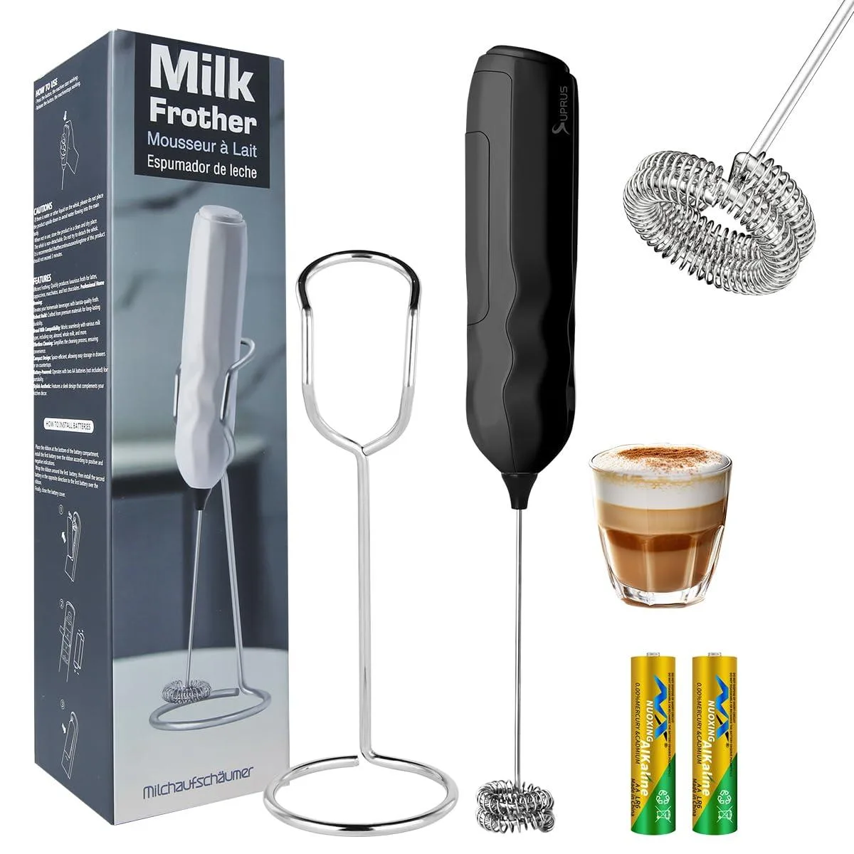 White handheld milk frother with dual stainless steel whisk and countertop stand