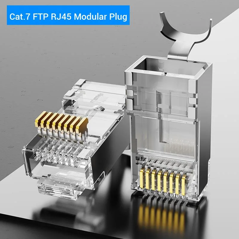 Fifty gold-plated shielded RJ45 pass-through connectors in a pack