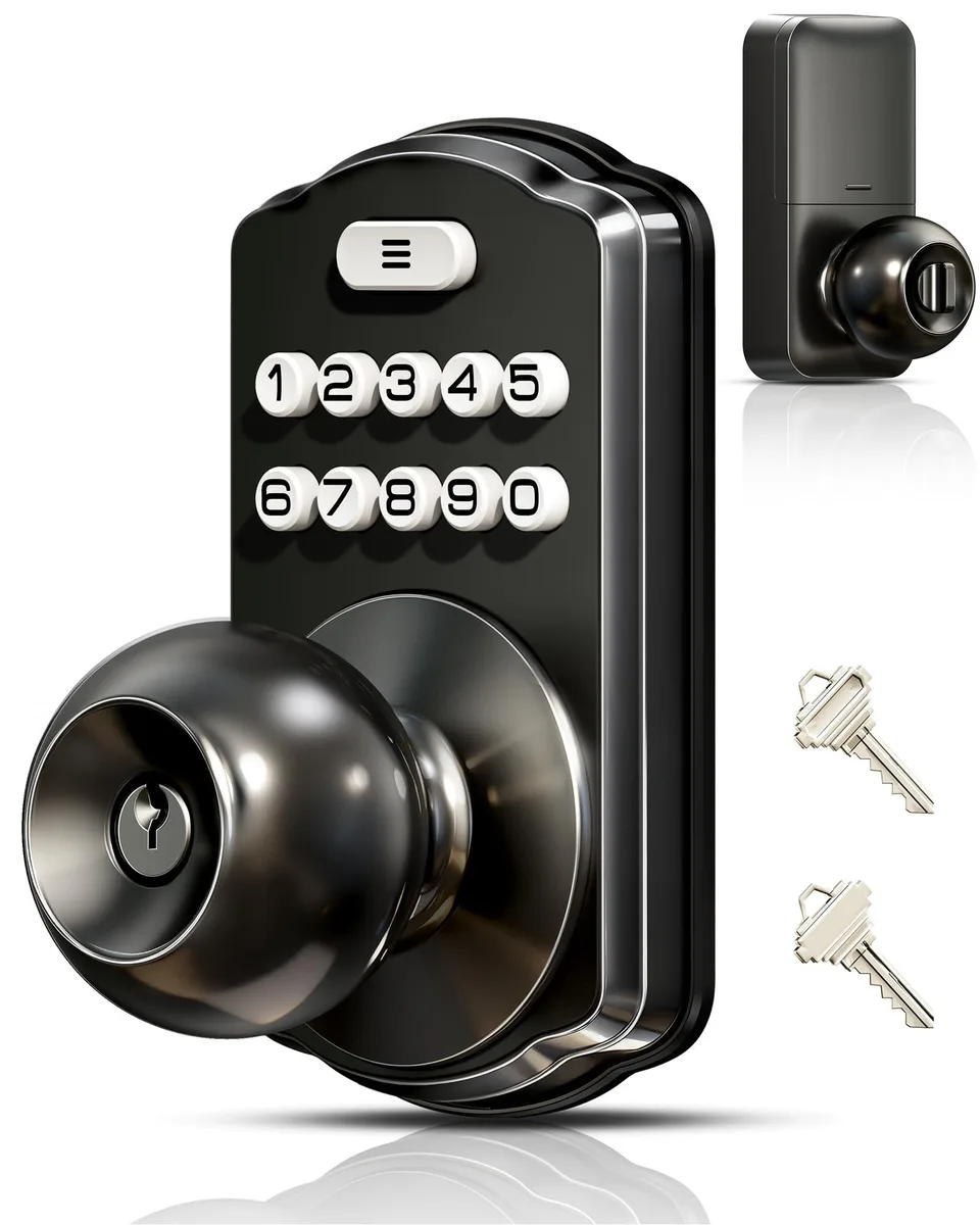 Matte black electronic door knob with backlit keypad and thumb turn