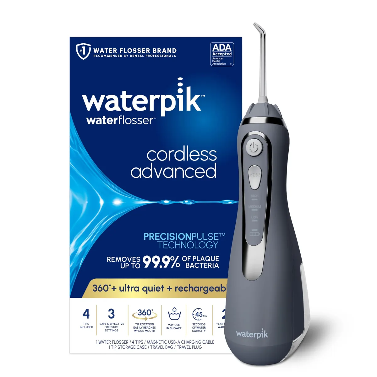 Gray cordless water flosser with removable reservoir and travel bag