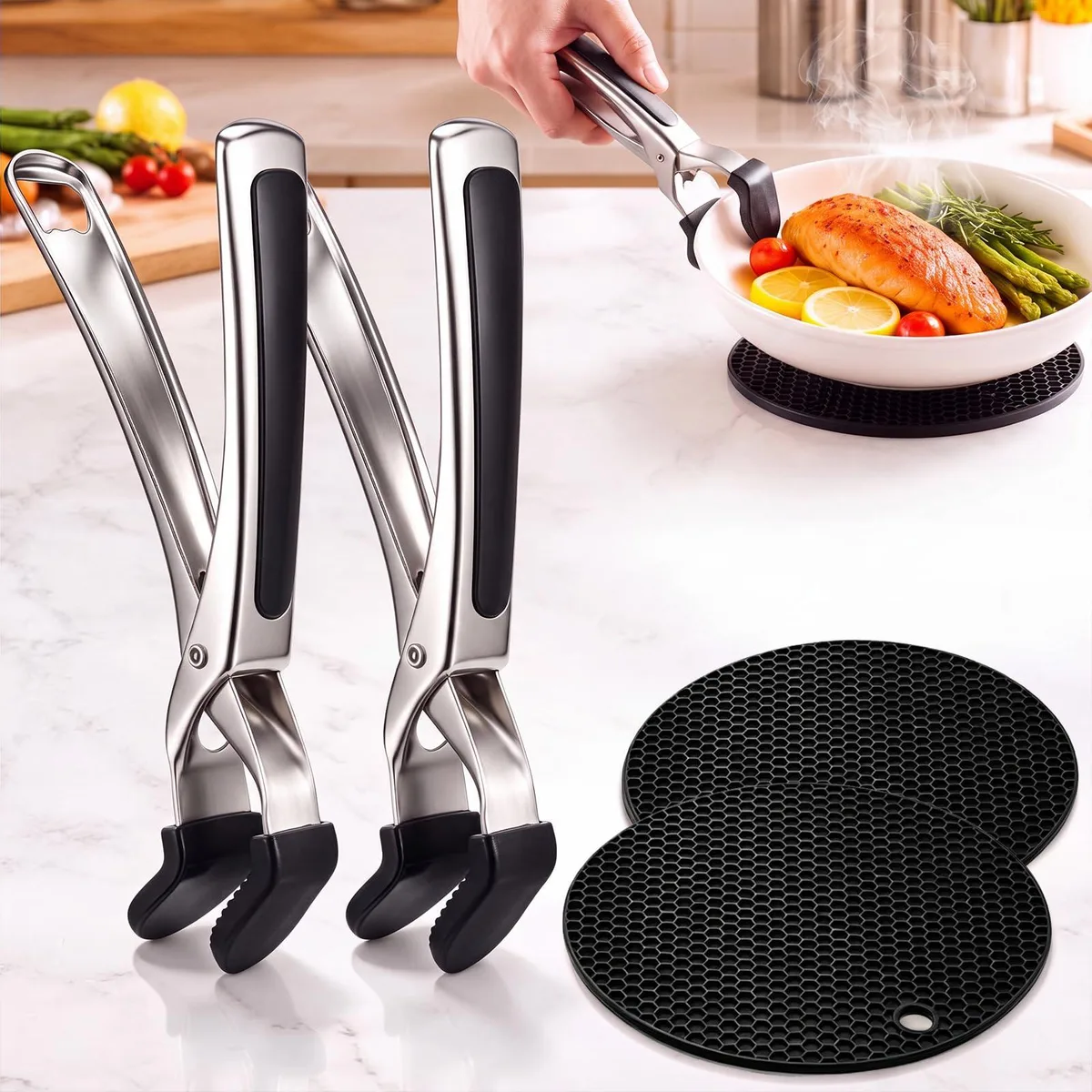 Two stainless-steel grippers and two black silicone trivets on a countertop