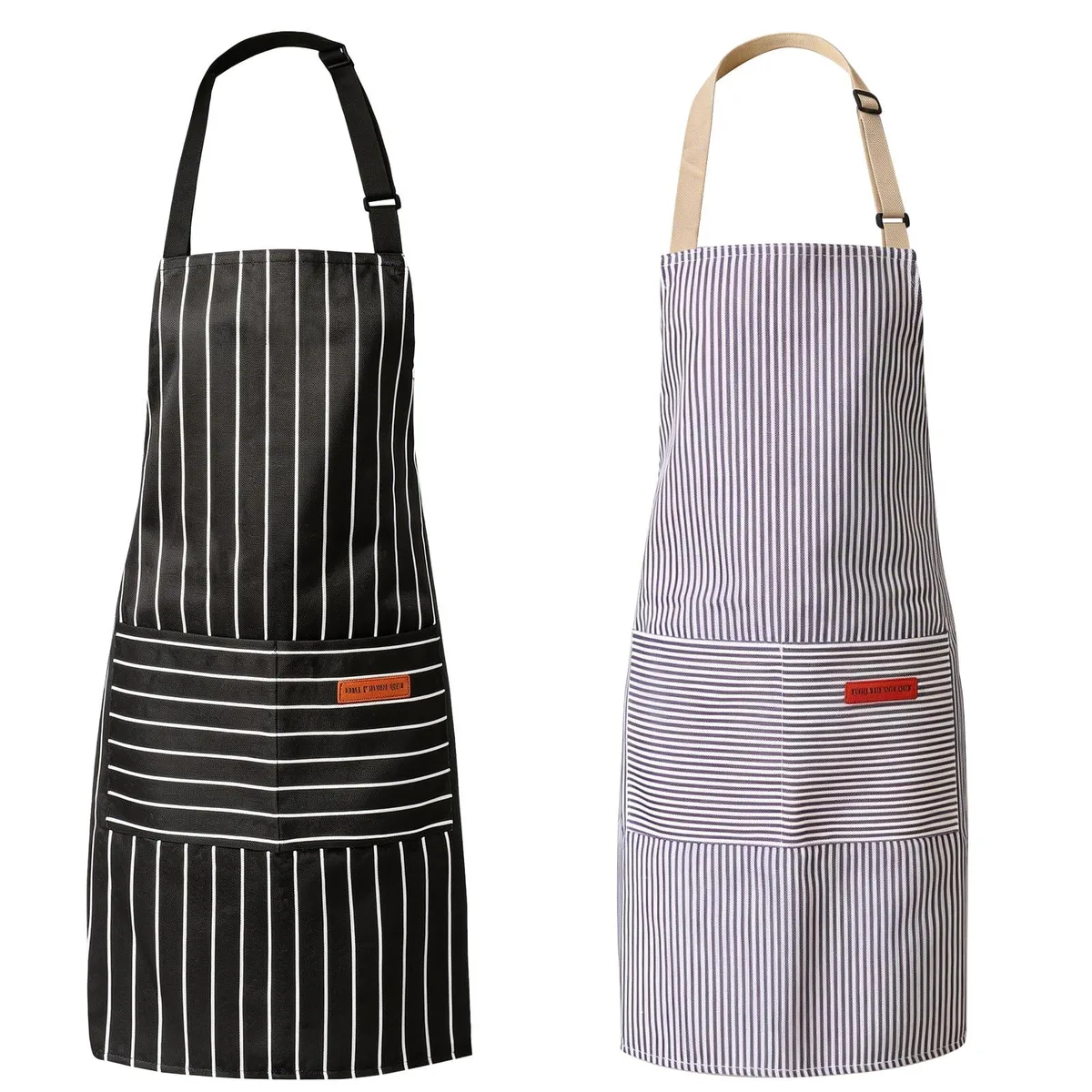 Two black bib aprons, cotton-polyester blend, adjustable neck straps, long waist ties, large front pockets