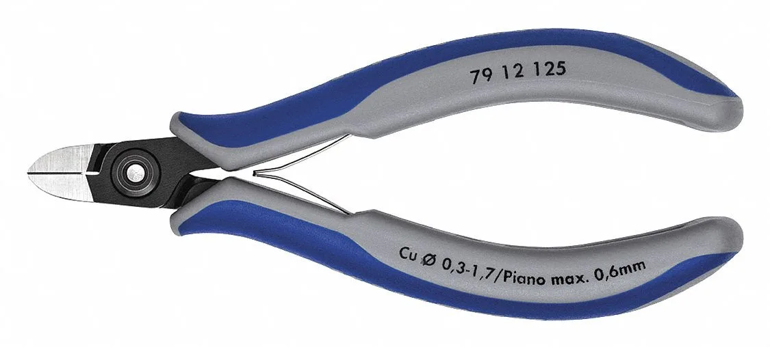 Knipex diagonal cutting pliers with blue and grey two-component handles and spring return