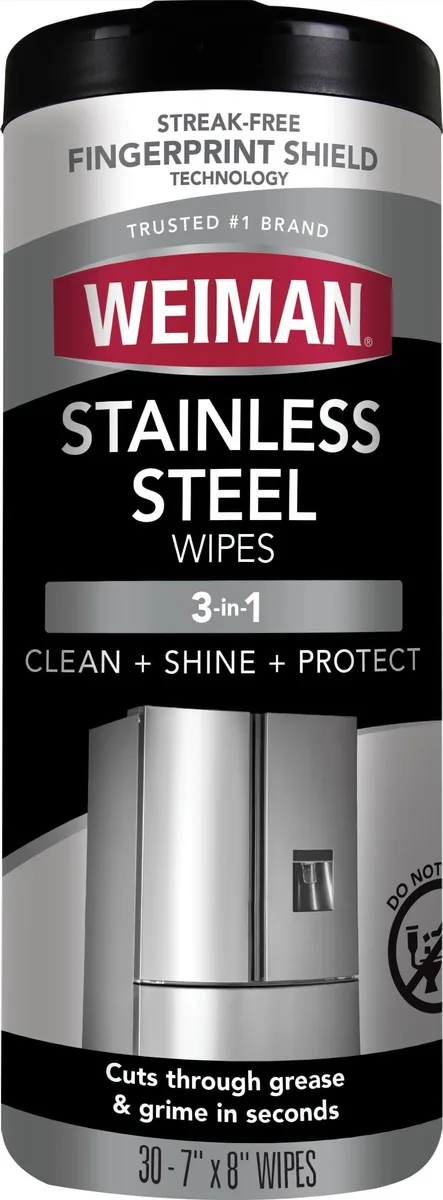 White cylindrical canister containing 30 stainless steel cleaning wipes
