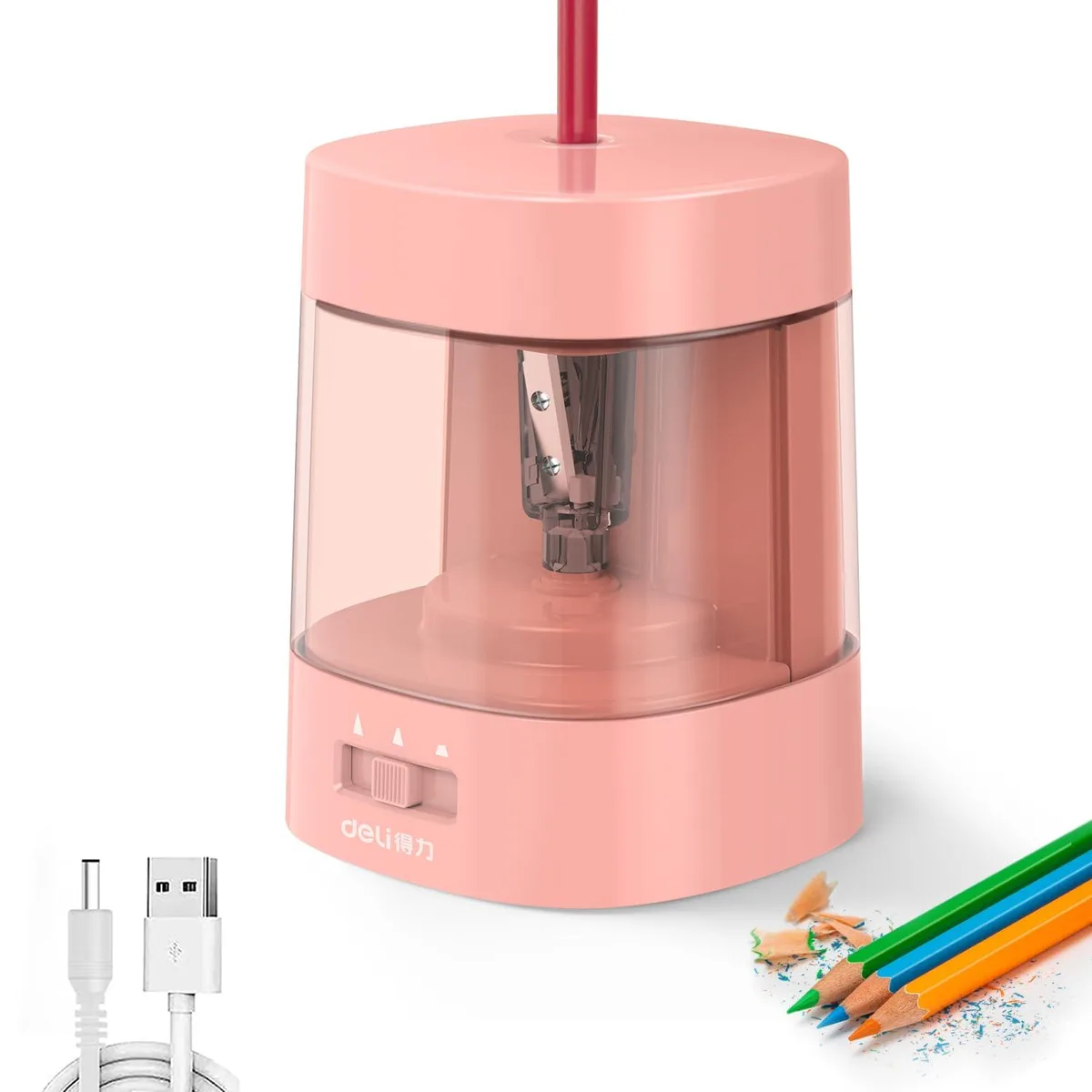 Pink ABS electric pencil sharpener, compact rectangular shape, USB cable attached