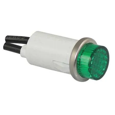 Green raised panel indicator light with stainless steel bezel and wire leads