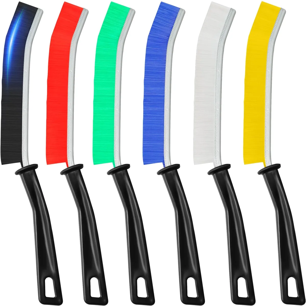 Six colourful hard-bristle crevice brushes with plastic handles