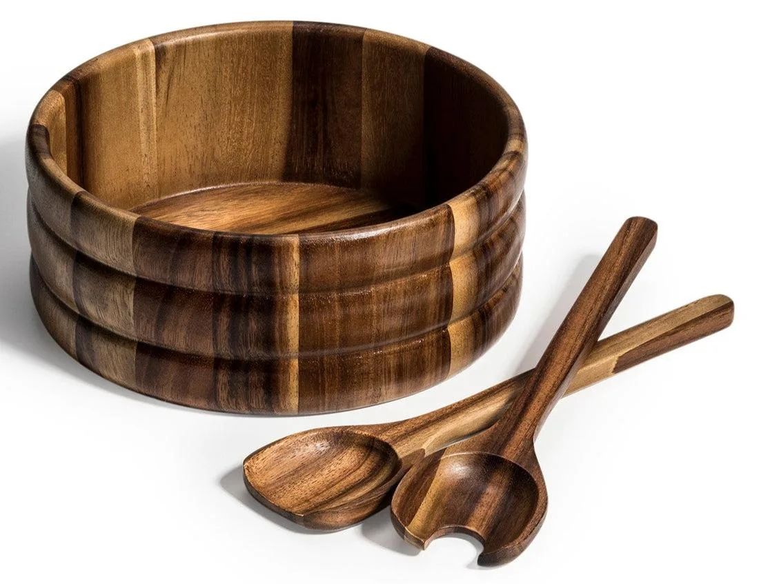 Large brown wooden salad bowl with matching servers, 10 inches wide