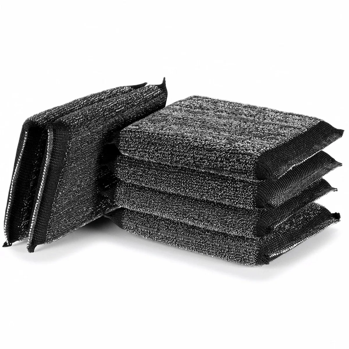 Six black steel wool scrubber sponges, rectangular, 13 by 8.5 cm