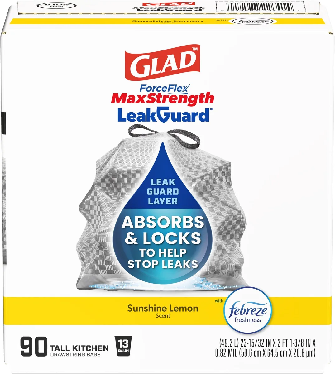 A rectangular cardboard box printed with yellow lemon graphics and blue Glad branding, containing 90 gray plastic trash bags