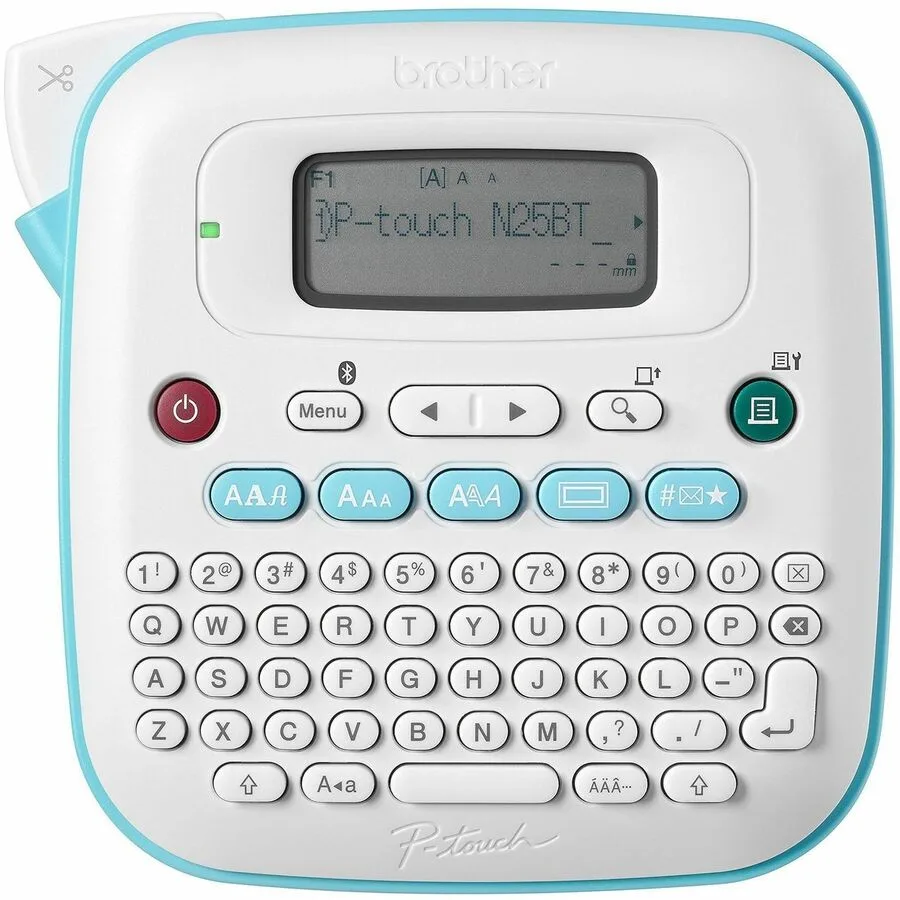 Compact white label maker with blue sample tape and rounded edges